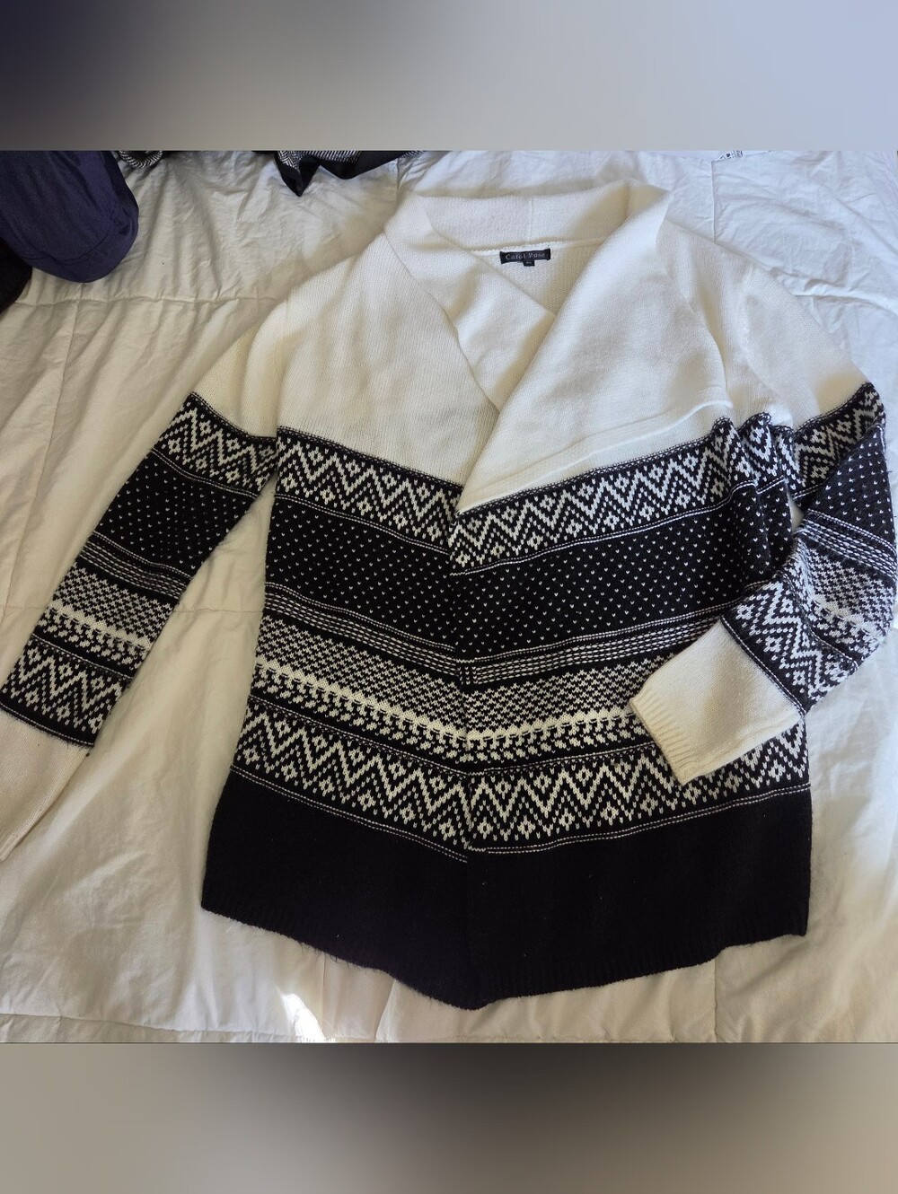 Carol Rose Geometric Knit Open Front Shawl Cardigan Black White PS